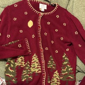 Christopher & Banks Red Cardigan with Tree and Star Design